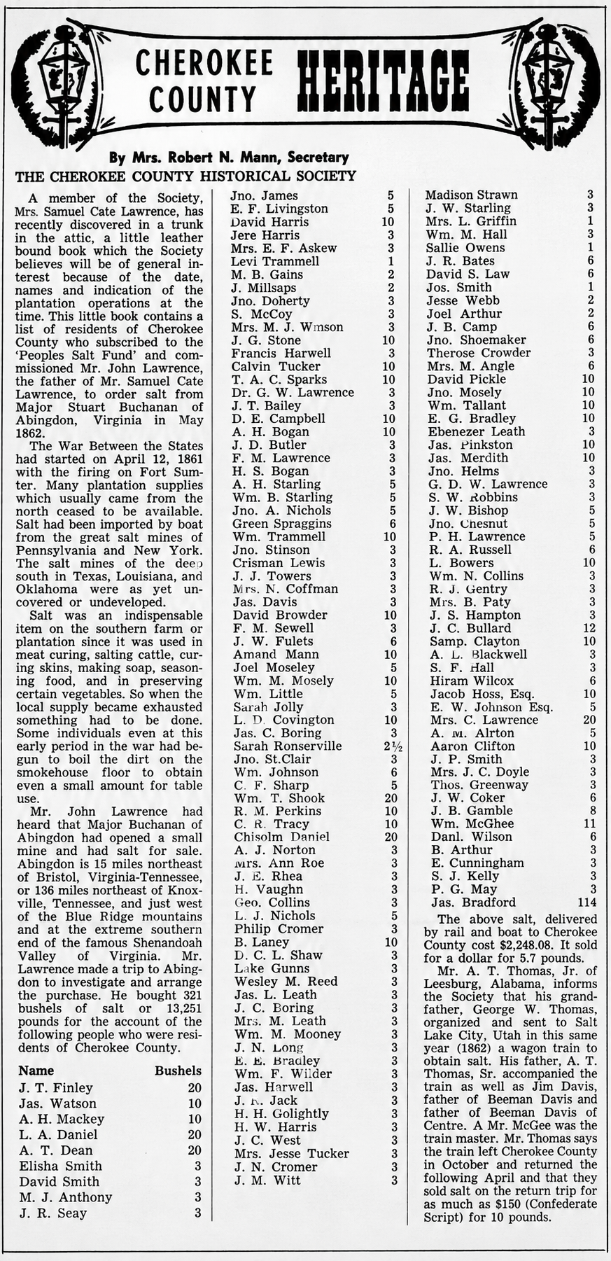 Cherokee County Heritage — Salt Fund document, 1862